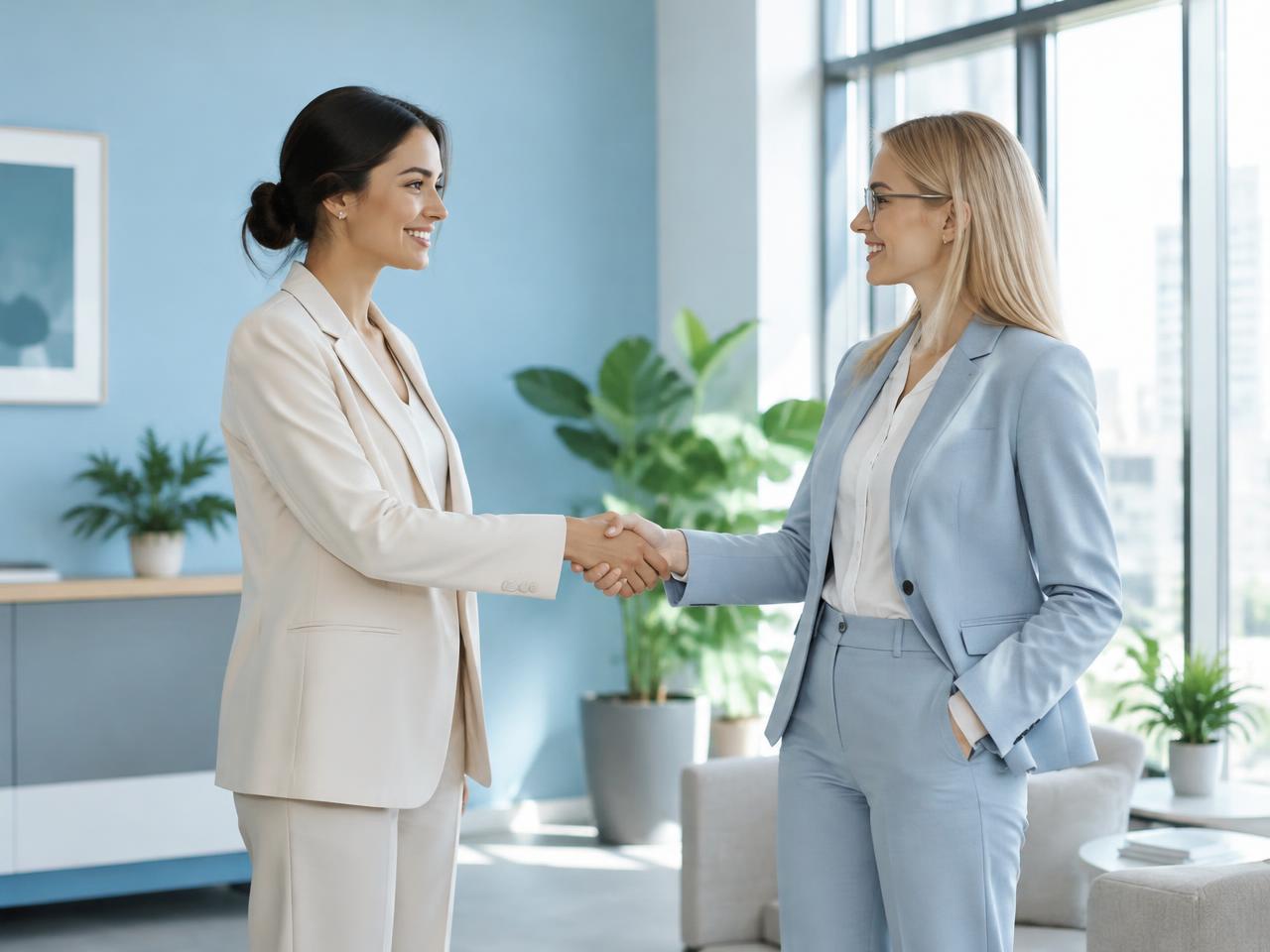 Two professional women shaking hands in a bright office