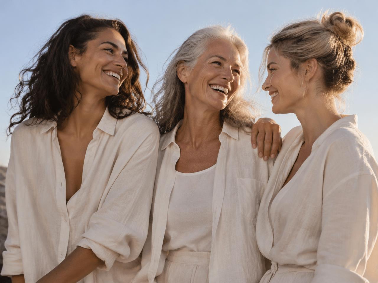 Three women of different ages laughing together outdoors