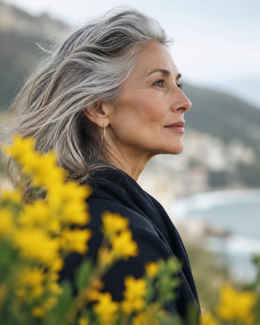 Woman with silver hair looking out over the coast