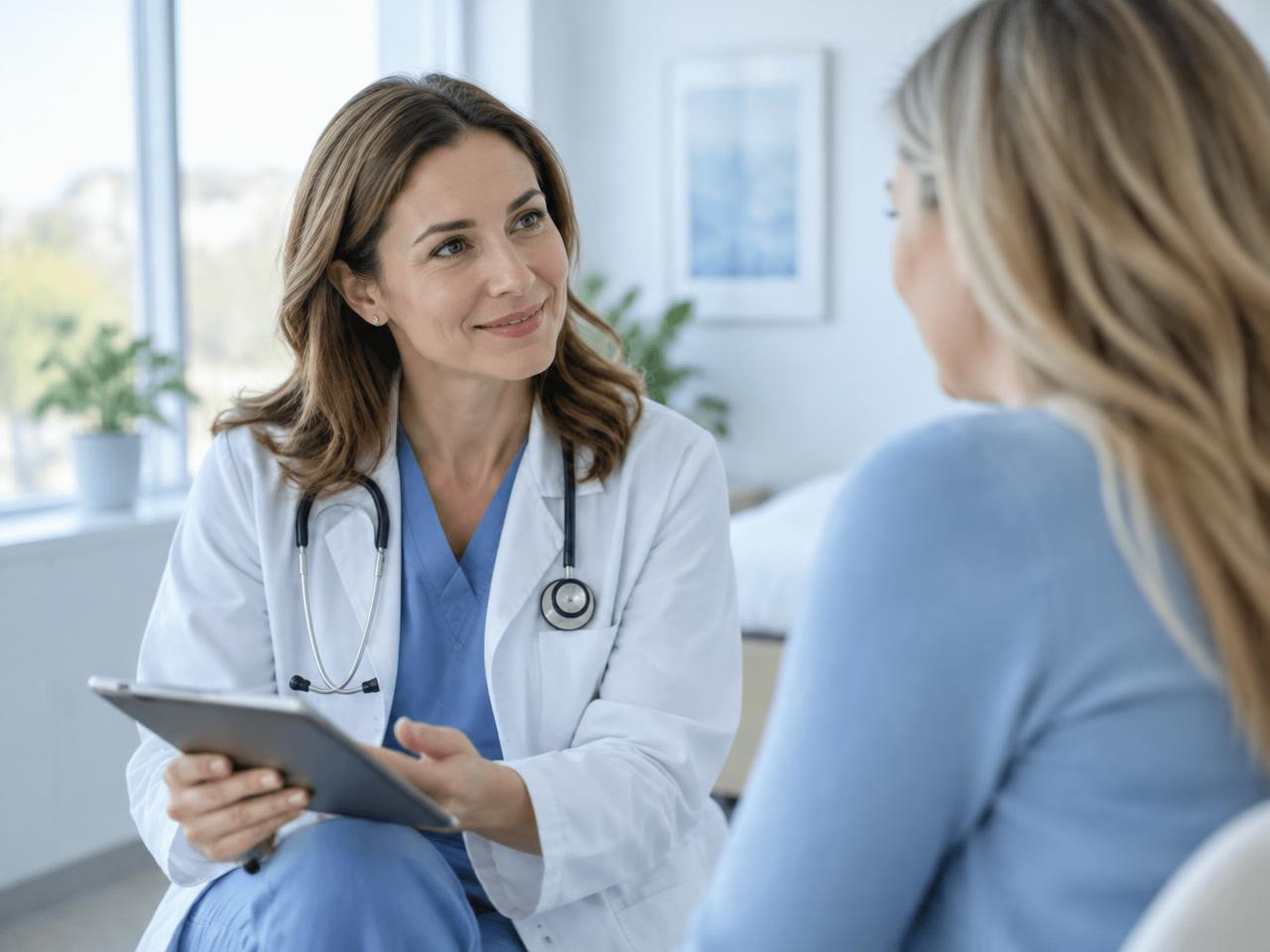 Female doctor listening to a patient in a bright clinic