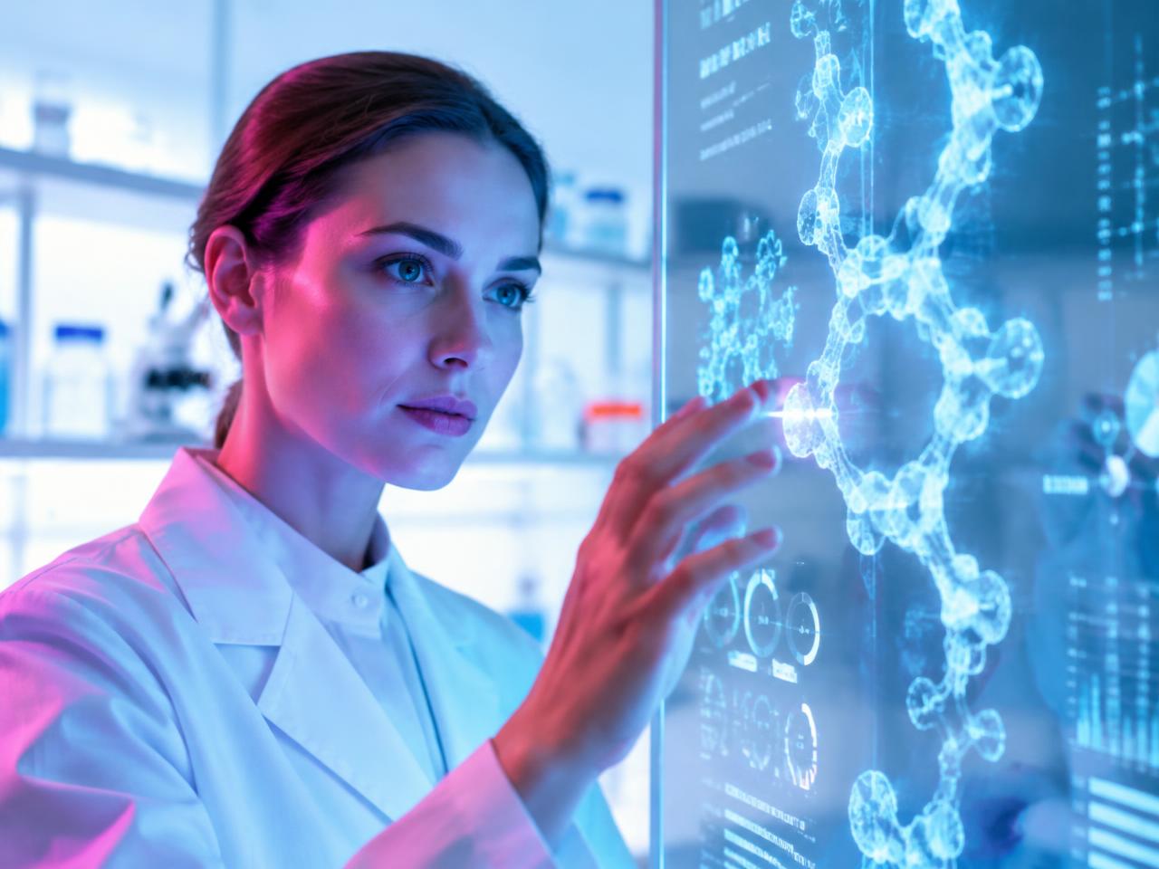 Woman scientist studying a molecular model on a glass screen